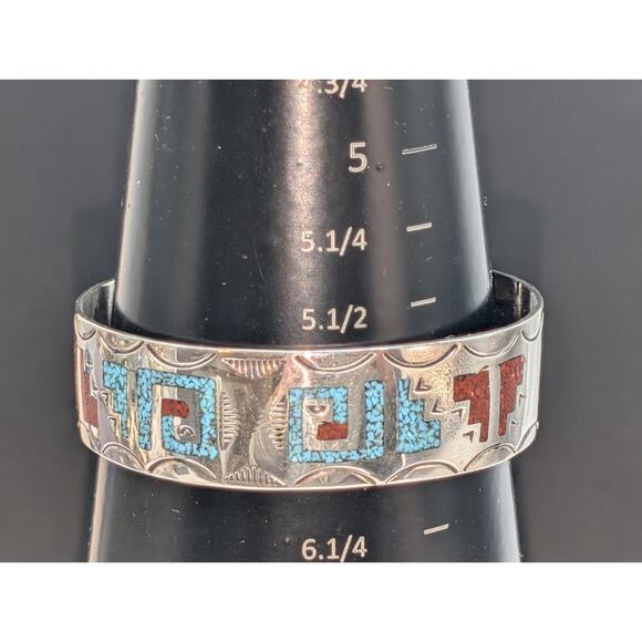 Vtg Navajo Sterling Silver Turquoise & Coral Chip Inlay Bracelet - Signed Ray B - Picture 5 of 8